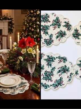 4 April Cornell Holiday Holly Leaves Red Berries Festive Quilted Placemats 18”